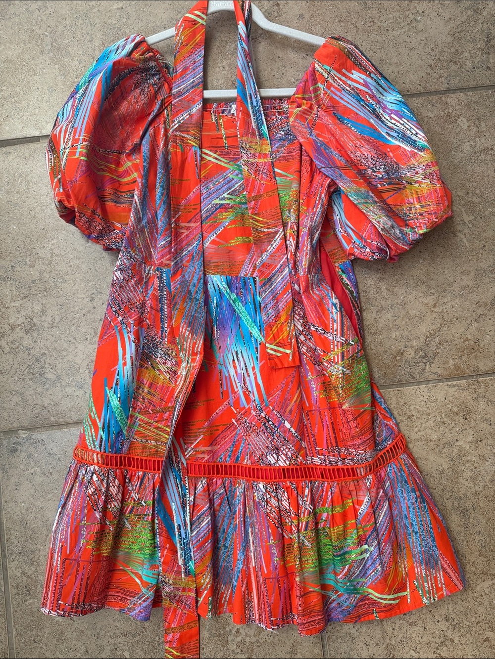 Joy Joy Bright Orange Multi-Color Puff Sleeve Mini Dress. Worn once.